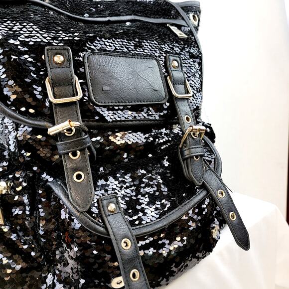 Black Sequined Leather Backpack Zippers Rivets Snaps Buckles Large Shiny Wow main image 10